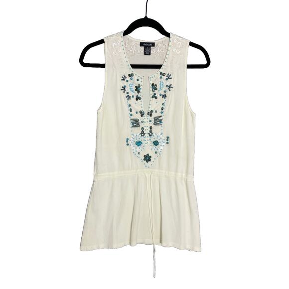 Dolce Cabo Tops - Boho Turquoise Beaded‎ Embroidered Sleeveless Shirt Size Small Coastal Beach